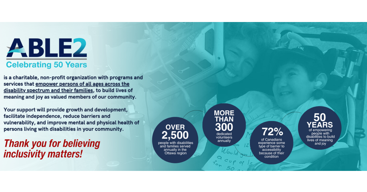 ABLE2 celebrating 50 years! ABLE2 is a charitable non profit organization with programs and services that empower person of all ages across the disability spectrum and their families to build lives of meaning and joy as valued members of our community. Your support will provide growth and development, facilitate independence, reduce barriers and vulnerability, and improve mental and physical health of persons living with disabilities in your community. Thank you for believing inclusivity matters! Over 2,500 people with disabilities and families served in the Ottawa region. More than 300 dedicated volunteers annually. 72% of Canadians experience some type of barrier to accessibility because of their condition. 50 years of empowering people with disabilities to build lives of meaning and joy. Photo of a little boy in a wheelchair smiling at a tablet, with a volunteer, selling at a lemonade stand at a park.